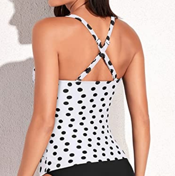 Yonique Women's V-Neck Tankini Top Swimwear Tummy Control-White Polka Dots Sz XL - Picture 2 of 11